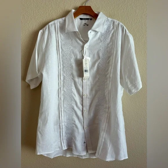 Bohio Men’s White Linen Fancy Guayabera Style Short Slv Shirt Embroidered Large - Picture 1 of 10